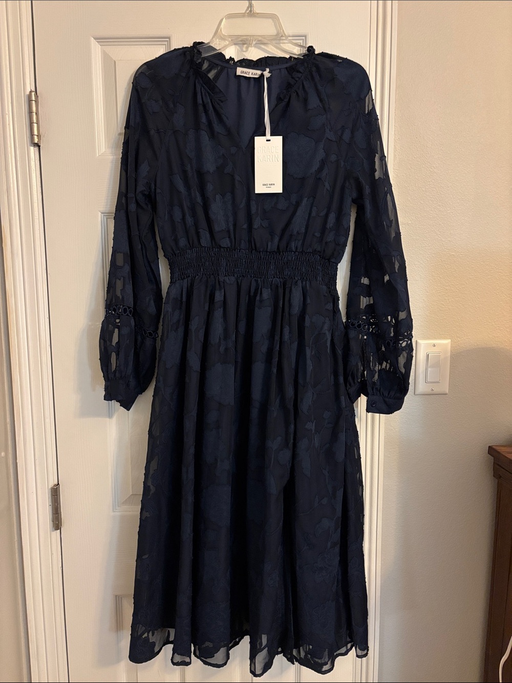 *NEW* Grace Karin Navy Long Sleeve Floral Midi Dress